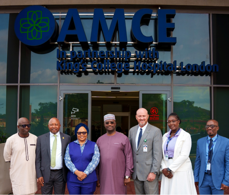 L–R: Olusola Babalola, Chief Financial Officer, African Medical Centre of Excellence (AMCE), Abuja; Kudakwashe Matereke, Director, Regional Operations (Anglophone West Africa), African Export-Import Bank (Afreximbank); Dr. Aisha Umar, Chief Medical Officer, African Medical Centre of Excellence (AMCE), Abuja; Dr. George Elombi, President and Chairman of the Board of Directors, African Export-Import Bank (Afreximbank); Brian Deaver, Chief Executive Officer, African Medical Centre of Excellence (AMCE); Dr. Gloria Rowland, Chief Nursing Officer, African Medical Centre of Excellence (AMCE); and Xolani Ndlovu, Lead Consultant Nuclear Medicine, African Medical Centre of Excellence (AMCE), Abuja, during Dr. George Elombi's visit and tour of the AMCE facility in Abuja.