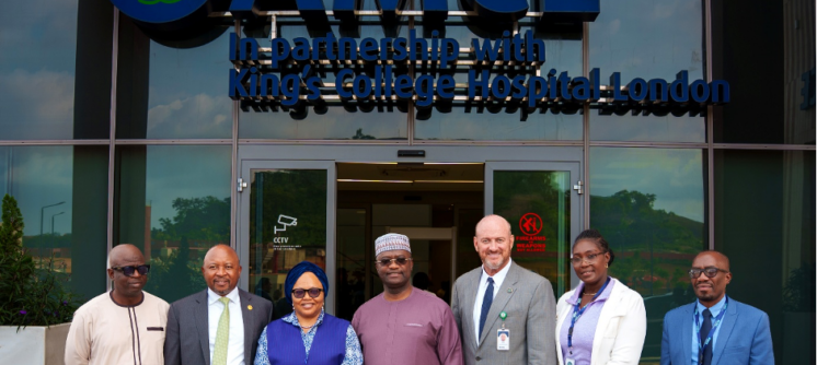 L–R: Olusola Babalola, Chief Financial Officer, African Medical Centre of Excellence (AMCE), Abuja; Kudakwashe Matereke, Director, Regional Operations (Anglophone West Africa), African Export-Import Bank (Afreximbank); Dr. Aisha Umar, Chief Medical Officer, African Medical Centre of Excellence (AMCE), Abuja; Dr. George Elombi, President and Chairman of the Board of Directors, African Export-Import Bank (Afreximbank); Brian Deaver, Chief Executive Officer, African Medical Centre of Excellence (AMCE); Dr. Gloria Rowland, Chief Nursing Officer, African Medical Centre of Excellence (AMCE); and Xolani Ndlovu, Lead Consultant Nuclear Medicine, African Medical Centre of Excellence (AMCE), Abuja, during Dr. George Elombi's visit and tour of the AMCE facility in Abuja.